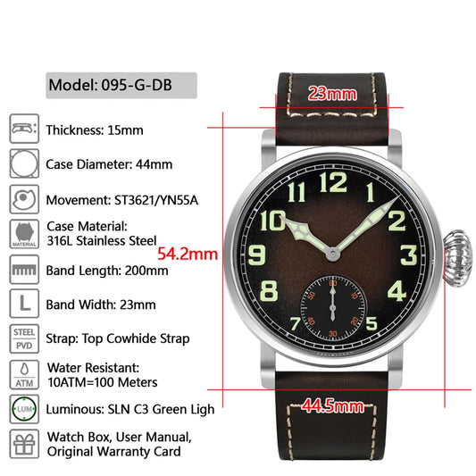 Vintage 44.5mm Manual Mechanical Men's Watch with Simple Style Sapphire Glass 10Bar Water Resistant Dial Diameter 30mm