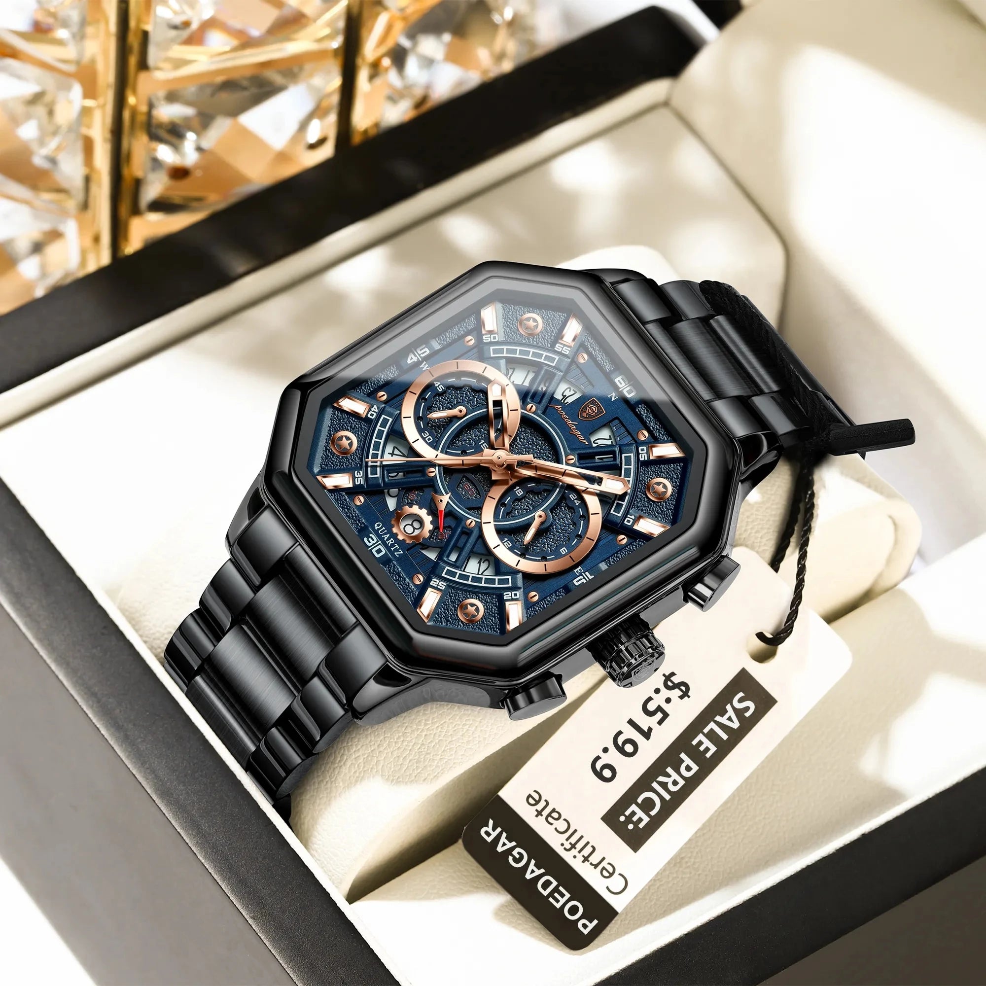 POEDAGAR 983 Men Watch Luxury Chronograph Square Waterproof Luminous Hands Sports Quartz Reloj Hombre Men's Stainless Watches