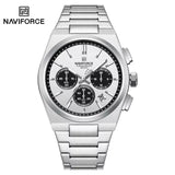 NAVIFORCE Trend Silver Blue Stainless Steel Couple Quartz Watches Calendar Chronograph for Lovers Waterproof Fashion Men Watch