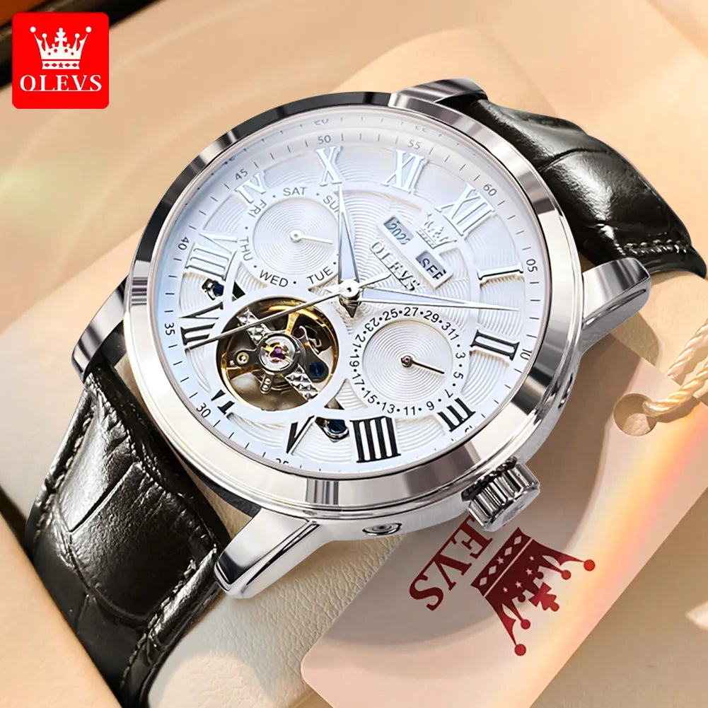 OLEVS 6668 Men Watch Leather Strap Luxury Quality Wristwatches Luminous Tourbillon Mechanical Man Calendar Wristwatch