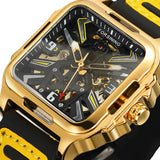 FORSINING Fashion Square Skeleton Mechanical Men Watch Automatic Movement Clock Sport Black Rubber Band Luxury Watches Silver