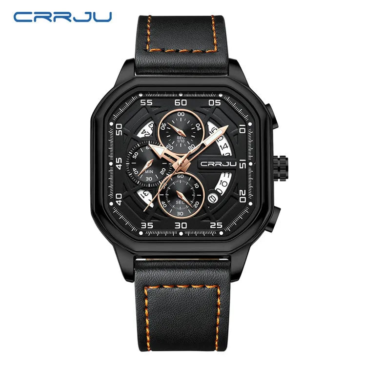 CRRJU 2314 New Stainless Steel Rose Black Men Watch Multi-function Chronograph Quartz Watches Mens Waterproof Luminous Clock