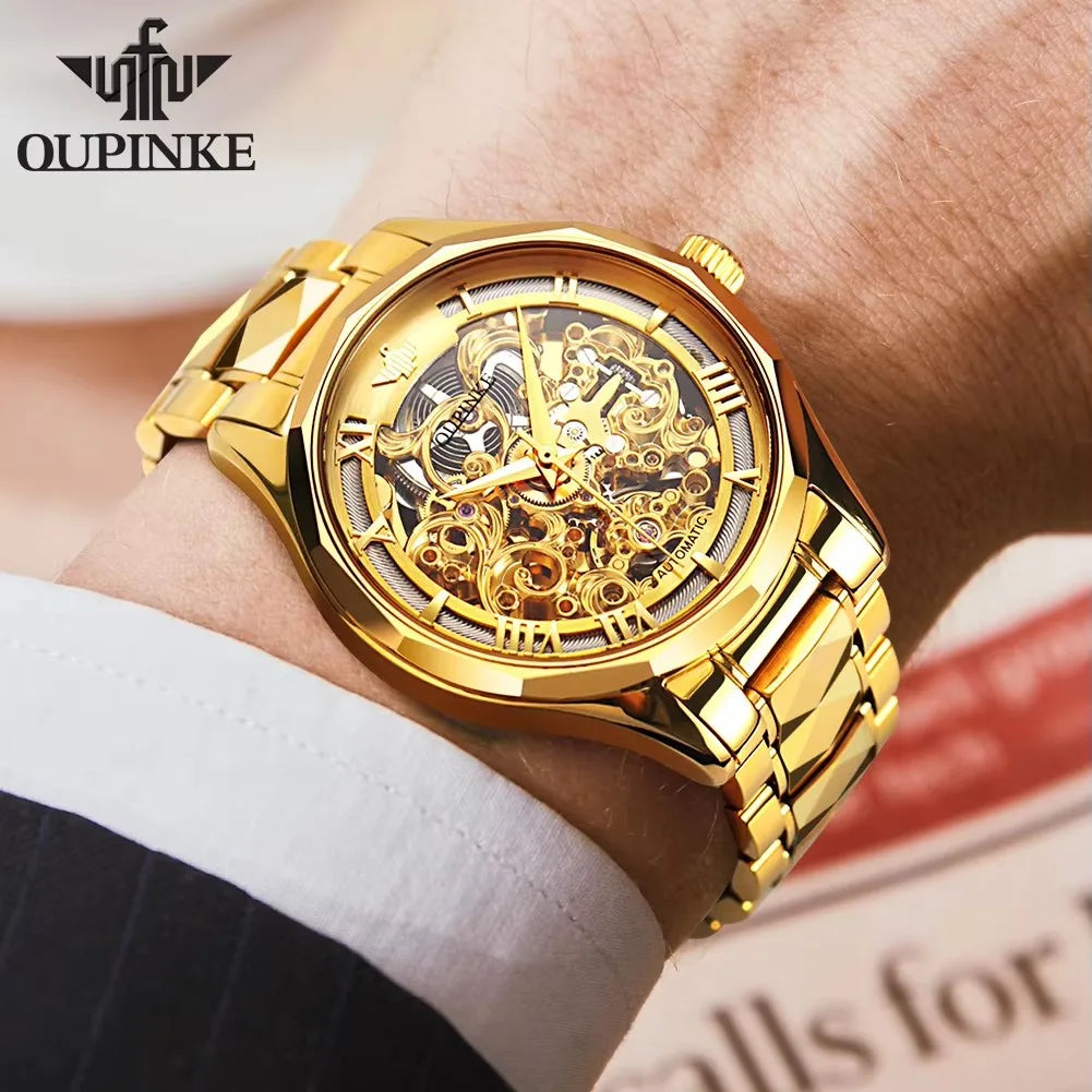 OUPINKE Tungsten Steel Strip Men Watch Fully Transparent Dial Automatic Mechanical Watches Waterproof Sapphire Mirror Surface