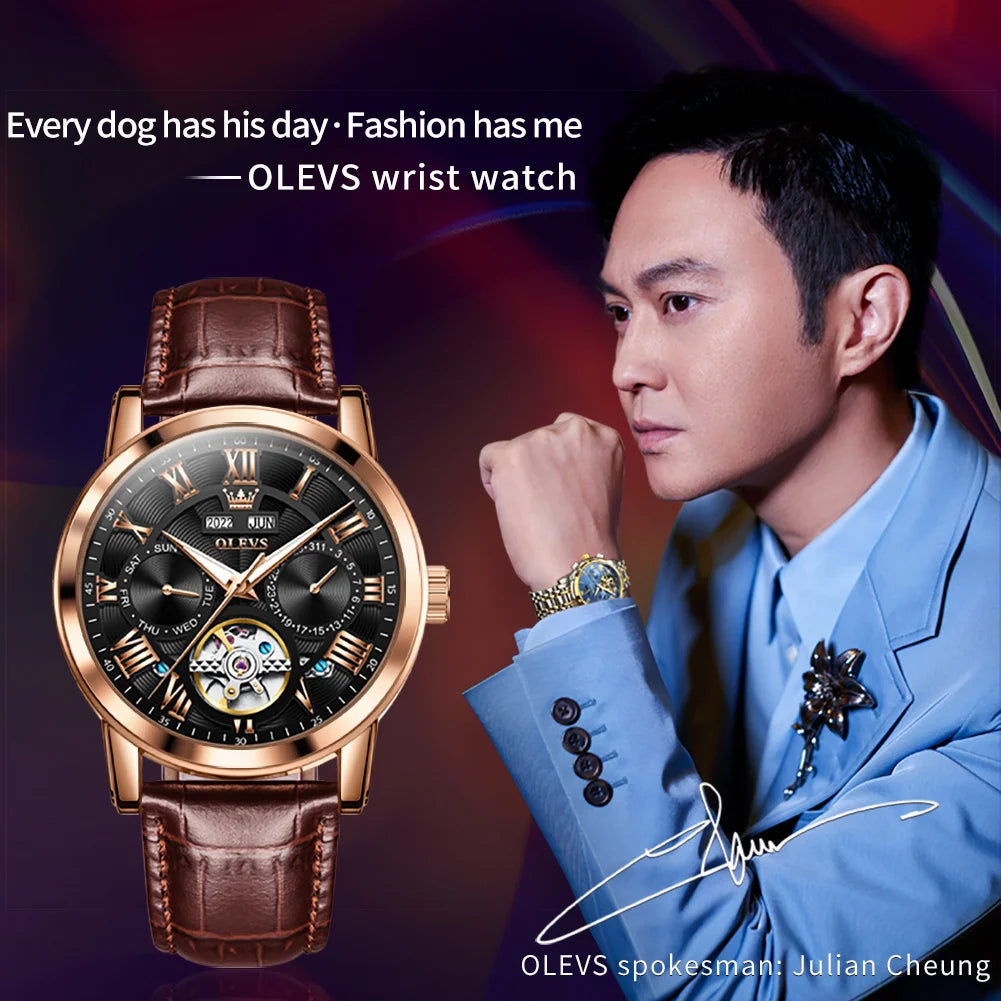OLEVS 6668 Tourbillon Watch - Leather Strap Mechanical Calendar