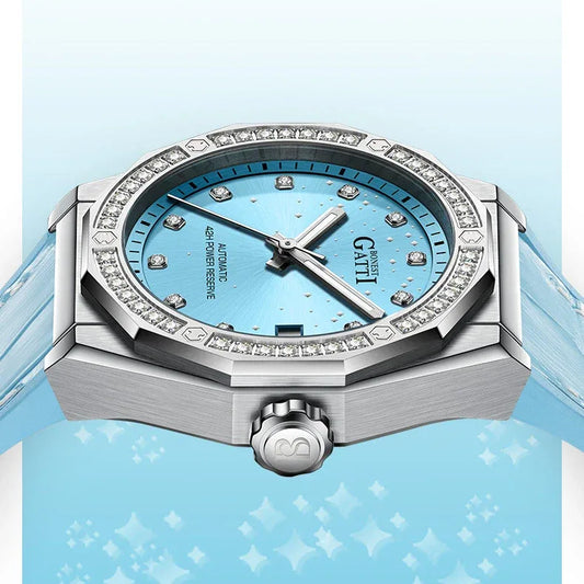 Bonest Gatti Fashion Mechanical Automatic Skeleton Lady Fashion Luxury Watch for Women Mosan Diamond Dial Leather Strap Watch - Wear444