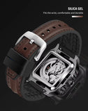 FORSINING Fashion Square Skeleton Mechanical Men Watch Automatic Movement Clock Sport Black Rubber Band Luxury Watches Silver