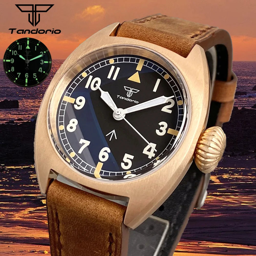 Tandorio 36mm Pilot Bronze Real Cusn8 Case NH35 PT5000 Automatic Mechanical Men Watch 20atm Dive Domed AR Sapphire Glass Leather