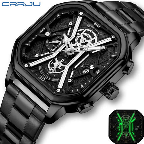 CRRJU 2313 Men Watch Casual Square Silver Quartz Watch Men Stainless Steel Strap Waterproof Time Code Illuminated Simple Clock