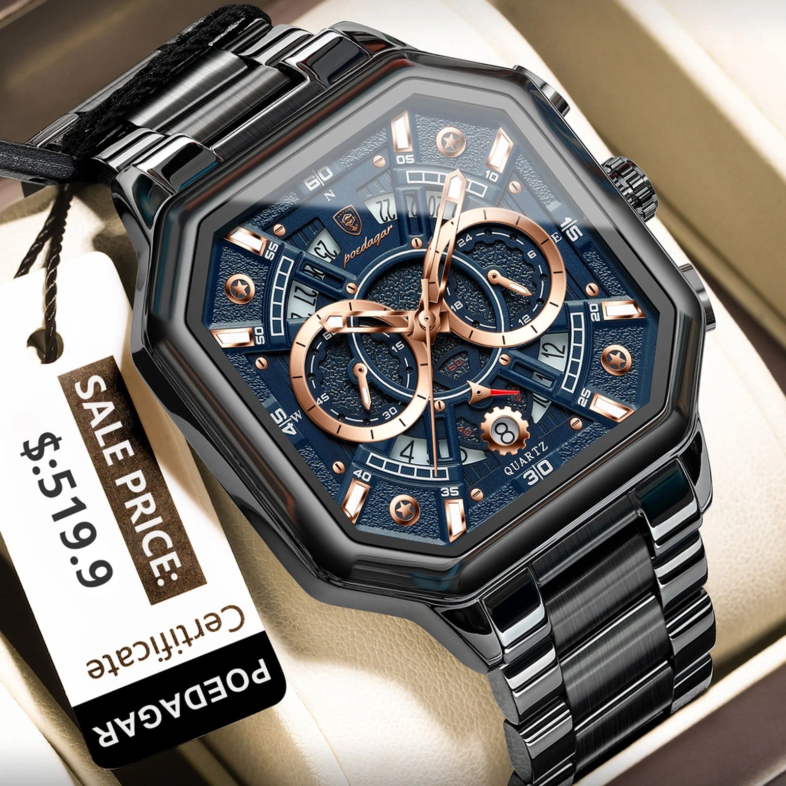 POEDAGAR 983 Sports Quartz Reloj Hombre Men's Stainless Men Watch Luxury Chronograph Square Waterproof Luminous Hands Watches