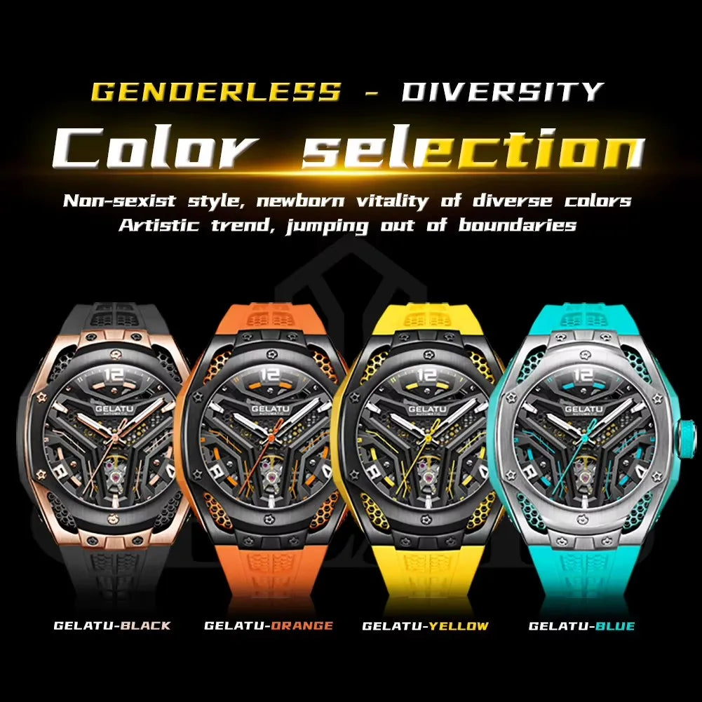 GELATU 6007 Men Watch Tourbillon Fully Automatic Mechanical Watch Luxury Band Fashion Sports Waterproof Man Watch Reloj Hombres