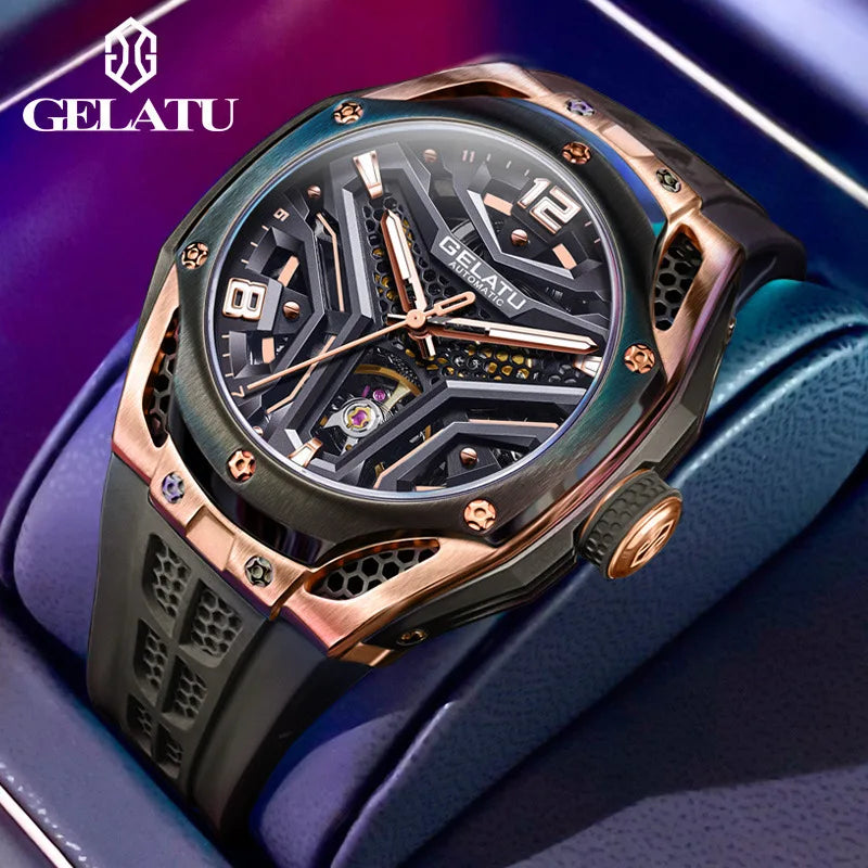 GELATU 6007 Men Watch Tourbillon Fully Automatic Mechanical Watch Luxury Band Fashion Sports Waterproof Man Watch Reloj Hombres