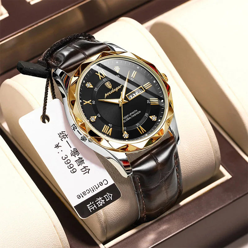 POEDAGAR 615 Men's Watch New Leather Men Watch Waterproof Luminous Date Week Quartz Diamond Watches for Men Factory Wholesale