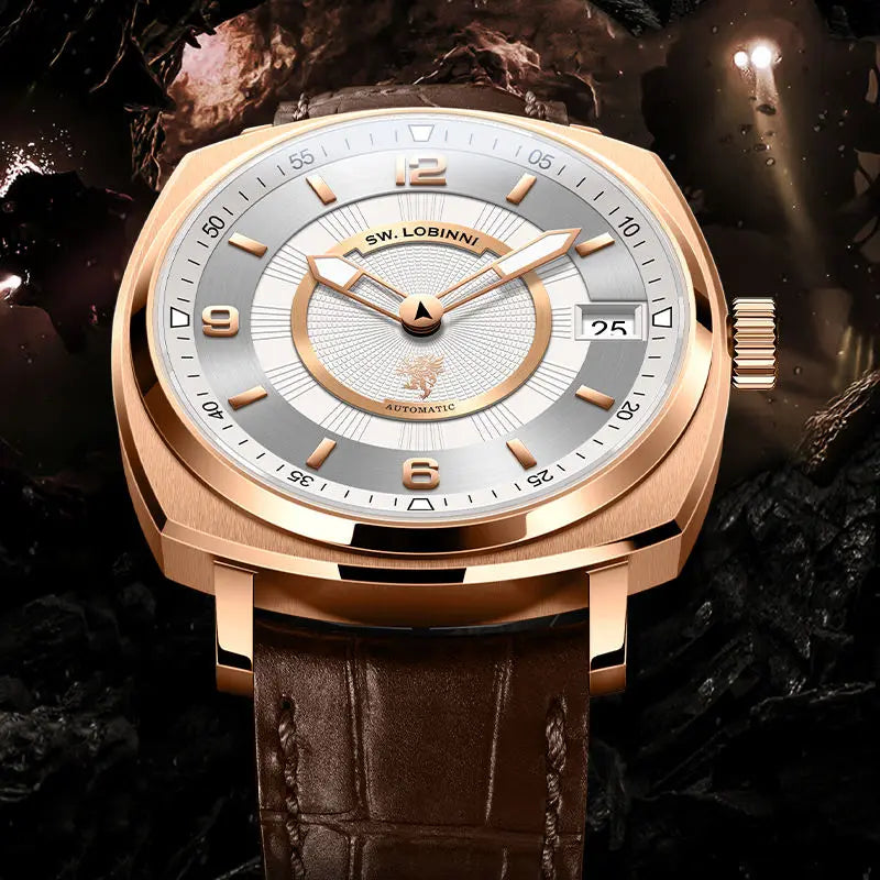 For Lobinni Luxury Stainless Steel Automatic Skeleton Watch for Men 16055 Fashion Men's Watch with Square Case and Leather Band