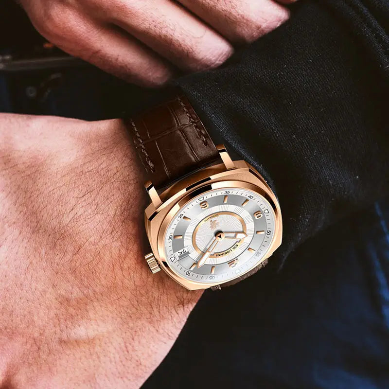 For Lobinni Luxury Stainless Steel Automatic Skeleton Watch for Men 16055 Fashion Men's Watch with Square Case and Leather Band