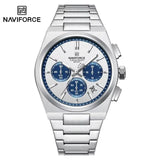 NAVIFORCE Trend Silver Blue Stainless Steel Couple Quartz Watches Calendar Chronograph for Lovers Waterproof Fashion Men Watch