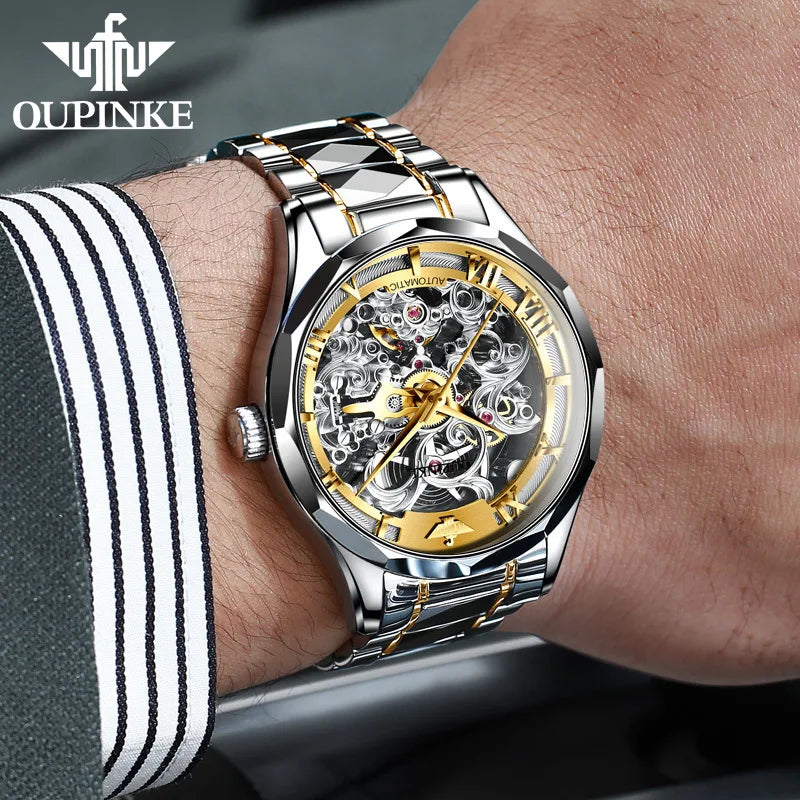 OUPINKE Tungsten Steel Watch - Transparent Dial Sapphire Automatic