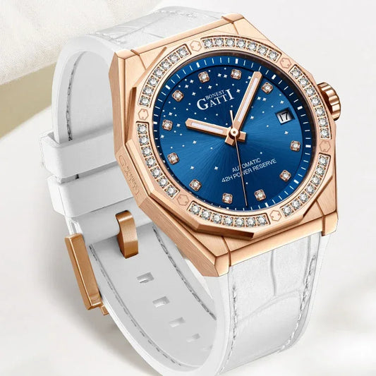 Bonest Gatti Fashion Mechanical Automatic Skeleton Lady Fashion Luxury Watch for Women Mosan Diamond Dial Leather Strap Watch - Wear444