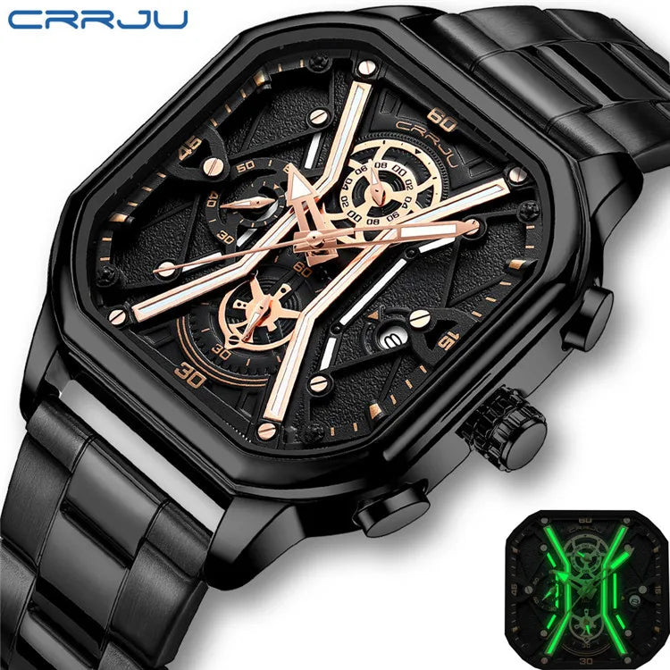 CRRJU 2313 Men Watch Casual Square Silver Quartz Watch Men Stainless Steel Strap Waterproof Time Code Illuminated Simple Clock
