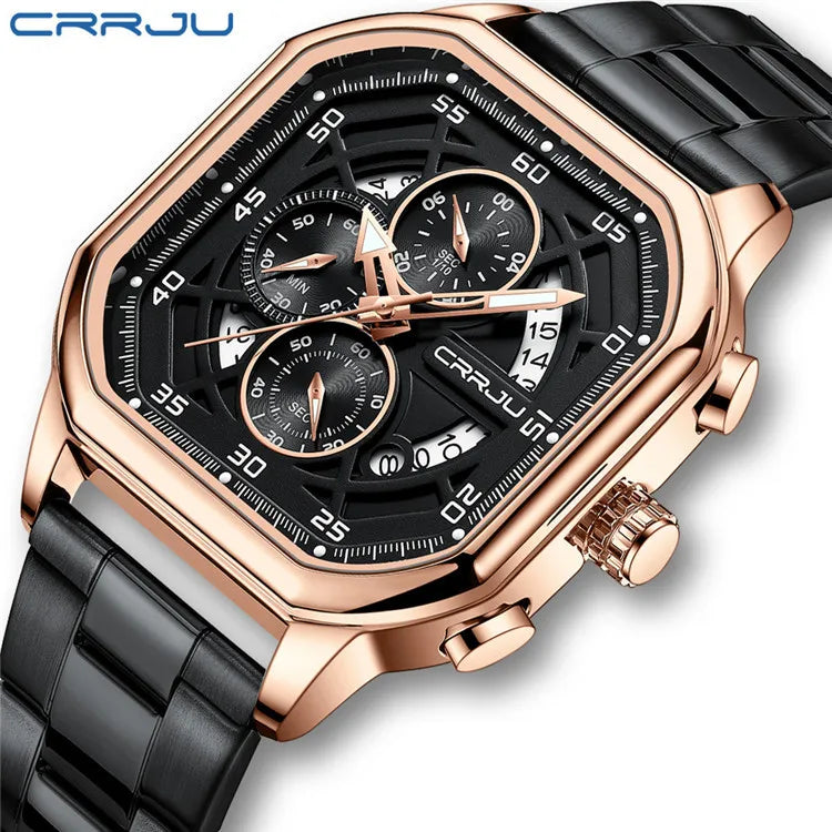 CRRJU 2314 New Stainless Steel Rose Black Men Watch Multi-function Chronograph Quartz Watches Mens Waterproof Luminous Clock