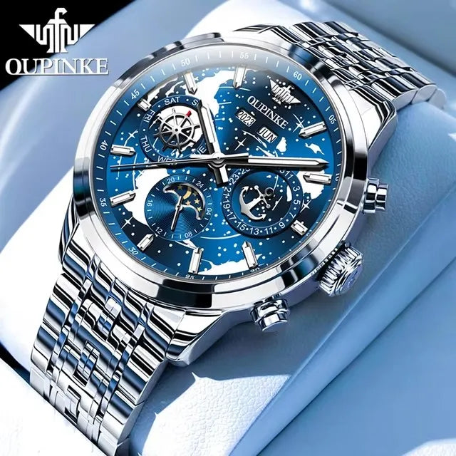 OUPINKE 3256 Fashion Men Watch Nebula Surge Dial Men Waterproof Night Light Calendar Week Original Automatic Mechanical Watch