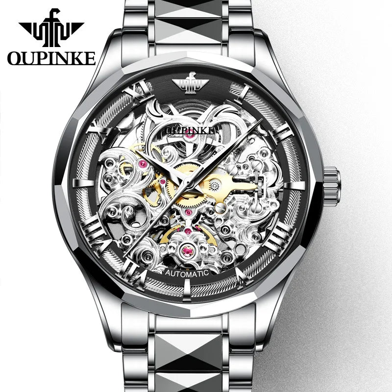 OUPINKE Tungsten Steel Watch - Transparent Dial Sapphire Automatic