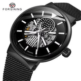 Forsining Hollow Out Mechanical Watches Engraved Luminous Hands Mesh Stainless Steel Band Black Skeleton Automatic Men Watch