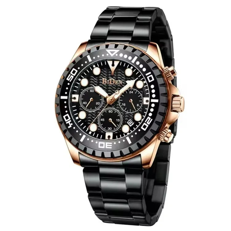 Luxury Brand BIDEN 0239 Quartz Analog Business Men Watch Date Chronograph Waterproof Stainless Steel Wristwatch 12/24 Hour Clock