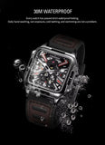 FORSINING Fashion Square Skeleton Mechanical Men Watch Automatic Movement Clock Sport Black Rubber Band Luxury Watches Silver