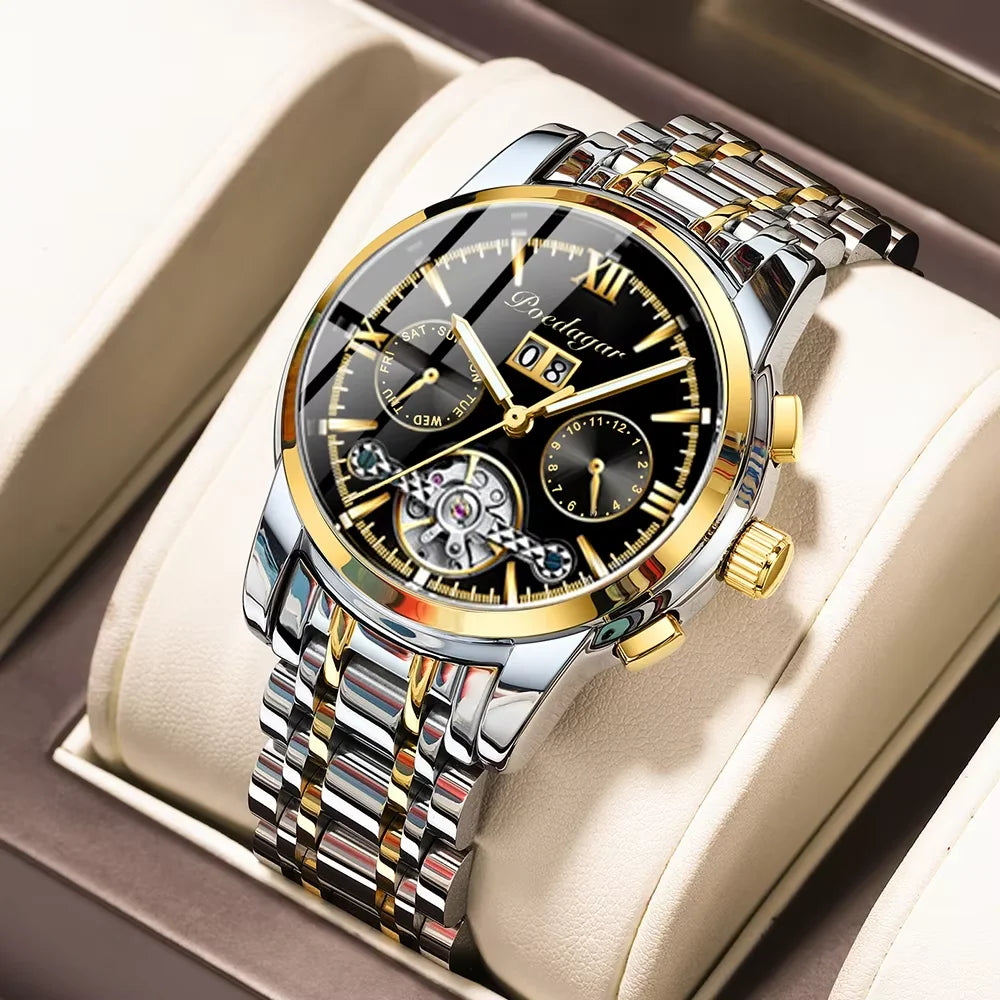 POEDAGAR Men Watch Automatic Mechanical Man Wrist Watch Hollow Tourbillon Stainless Steel Waterproof Luminous Date Mens Watches