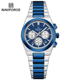 NAVIFORCE Trend Silver Blue Stainless Steel Couple Quartz Watches Calendar Chronograph for Lovers Waterproof Fashion Men Watch
