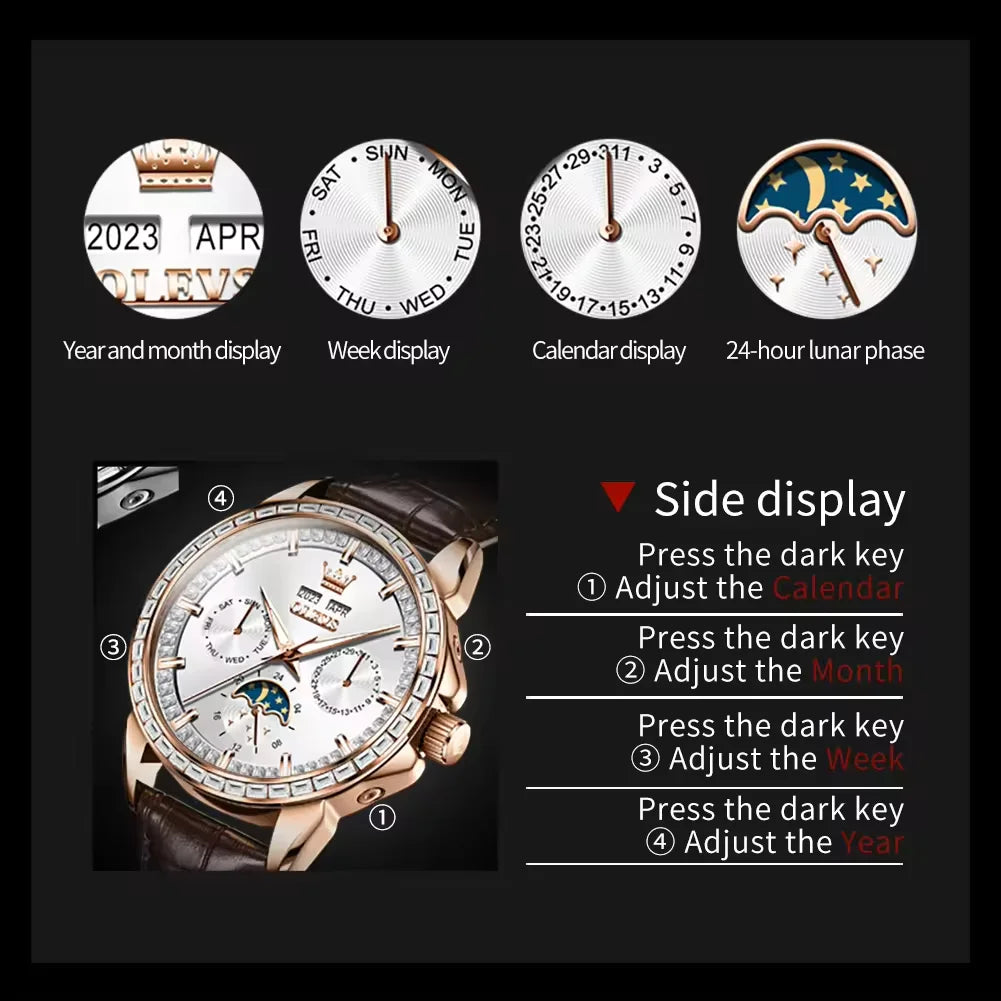 OLEVS 6695 Automatic Mechanical Watch - Leather Strap Calendar Function