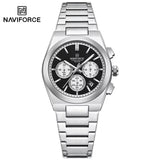 NAVIFORCE Trend Silver Blue Stainless Steel Couple Quartz Watches Calendar Chronograph for Lovers Waterproof Fashion Men Watch