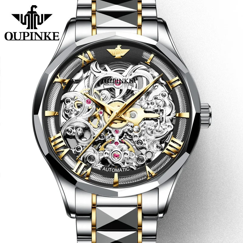 OUPINKE Tungsten Steel Strip Men Watch Fully Transparent Dial Automatic Mechanical Watches Waterproof Sapphire Mirror Surface