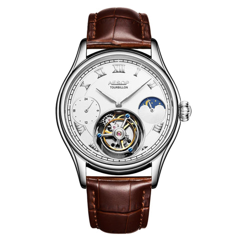 Aesop Gold Tourbillon Automatic Mechanical Wristwatches Men Leather Watch With Roman Number Men Watch Luxury Tourbillon