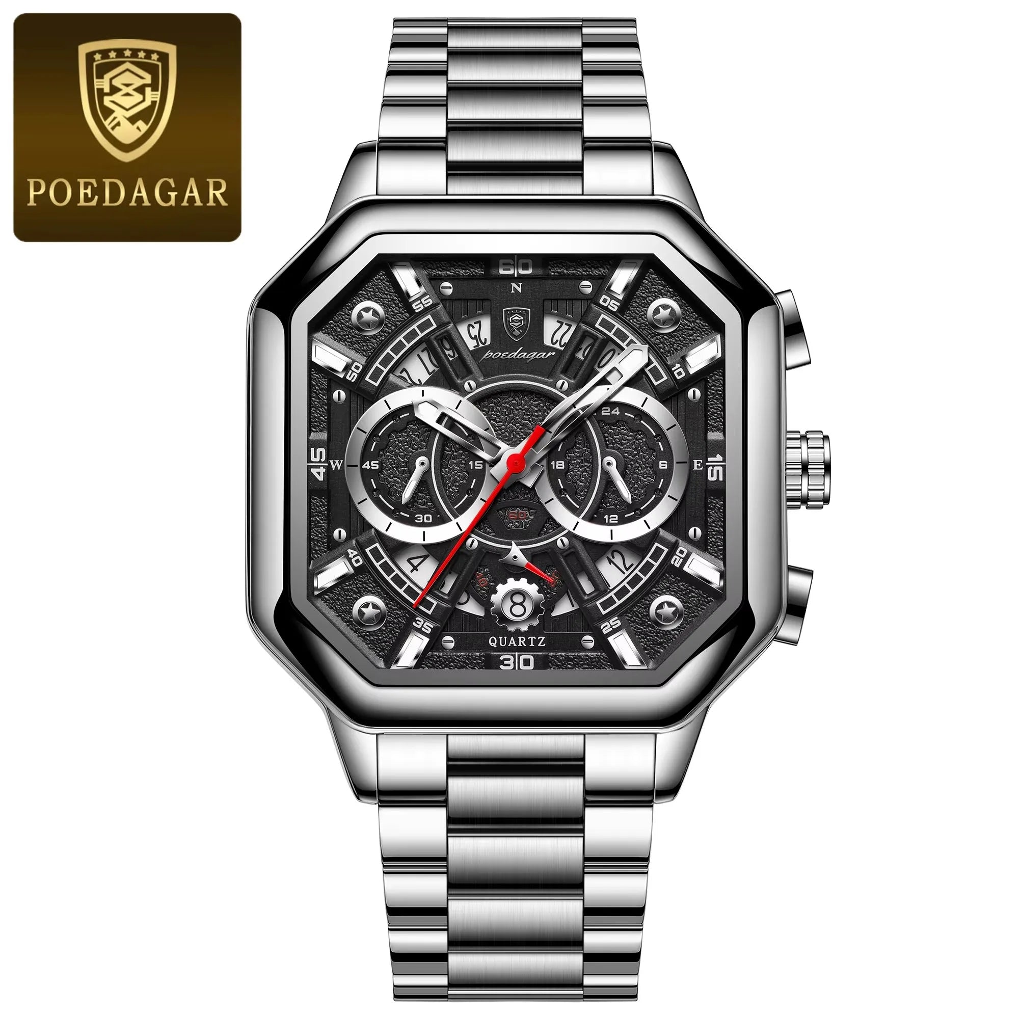 POEDAGAR 983 Men Watch Luxury Chronograph Square Waterproof Luminous Hands Sports Quartz Reloj Hombre Men's Stainless Watches