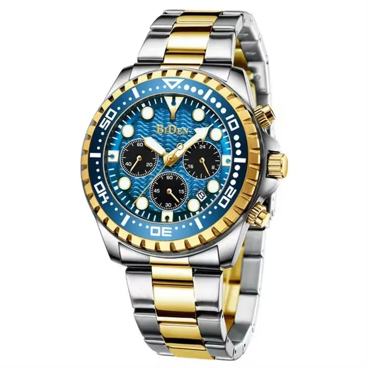 Luxury Brand BIDEN 0239 Quartz Analog Business Men Watch Date Chronograph Waterproof Stainless Steel Wristwatch 12/24 Hour Clock