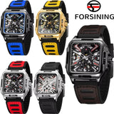 FORSINING Fashion Square Skeleton Mechanical Men Watch Automatic Movement Clock Sport Black Rubber Band Luxury Watches Silver