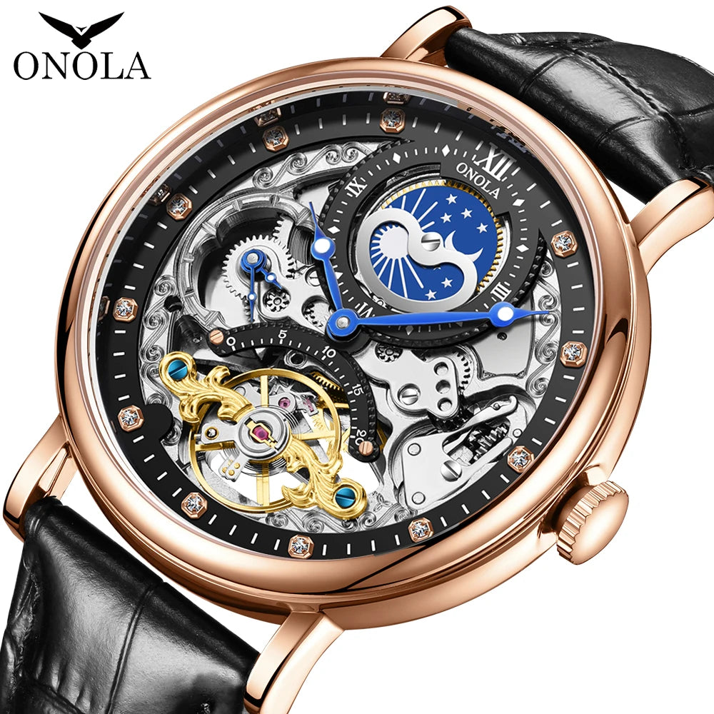 ONOLA 6836 Skeleton Tourbillon Watch - Gold Silver Automatic
