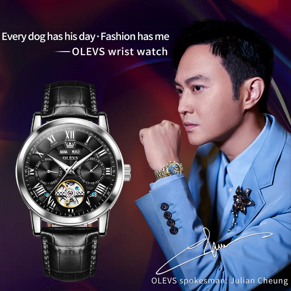 OLEVS 6668 Tourbillon Watch - Leather Strap Mechanical Calendar