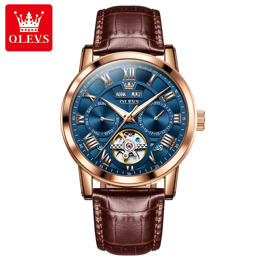 OLEVS 6668 Tourbillon Watch - Leather Strap Luminous Calendar Mechanical
