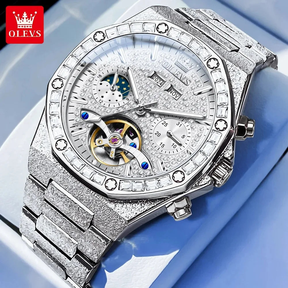 OLEVS 9805 Fashion Tourbillon Men Watch Moon Phase Calendar Week Waterproof Watch Luxury Fully Automatic Mechanical Clock Reloj