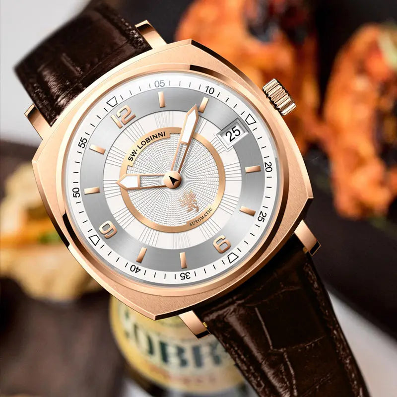 For Lobinni Luxury Stainless Steel Automatic Skeleton Watch for Men 16055 Fashion Men's Watch with Square Case and Leather Band