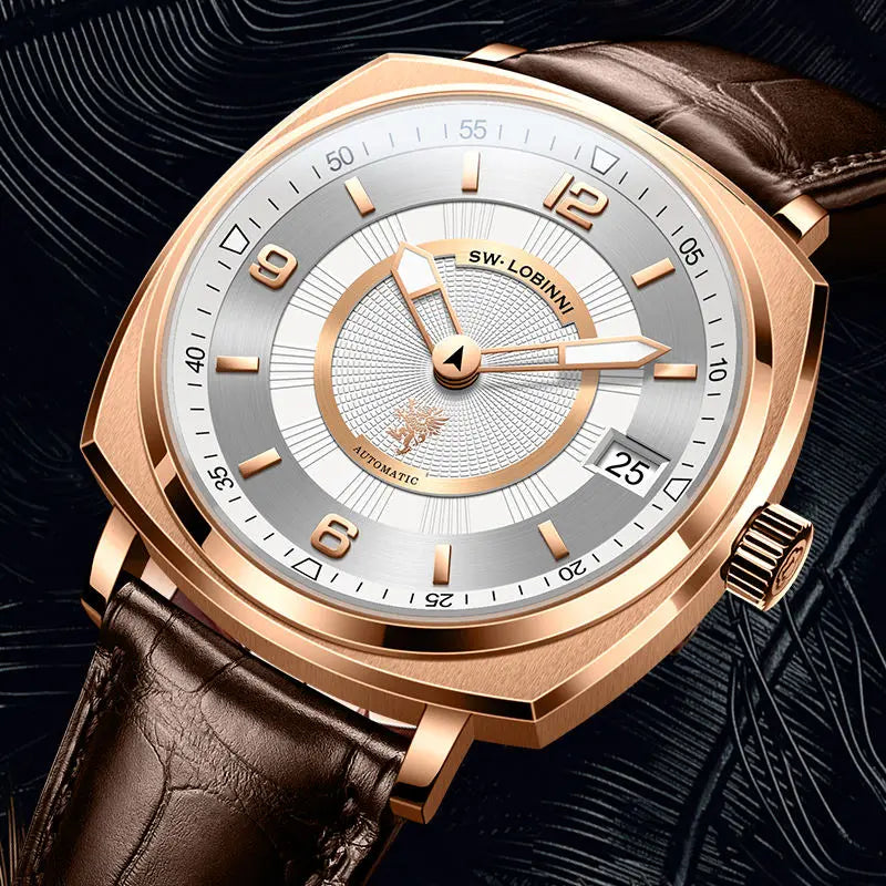 For Lobinni Luxury Stainless Steel Automatic Skeleton Watch for Men 16055 Fashion Men's Watch with Square Case and Leather Band