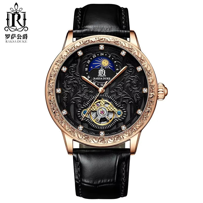 Raksa Duke  New Brand High Quality Automatic Genuine Leather Tourbillon Moon Phase Stereo Carving Men Watch
