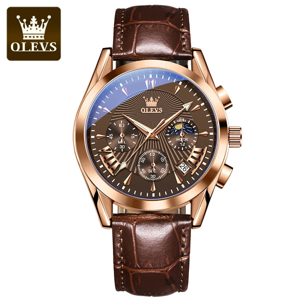 OLEVS 2876 Chronograph Watches Genuine Leather Stainless Steel Wrist Watch Men Watch Luxury
