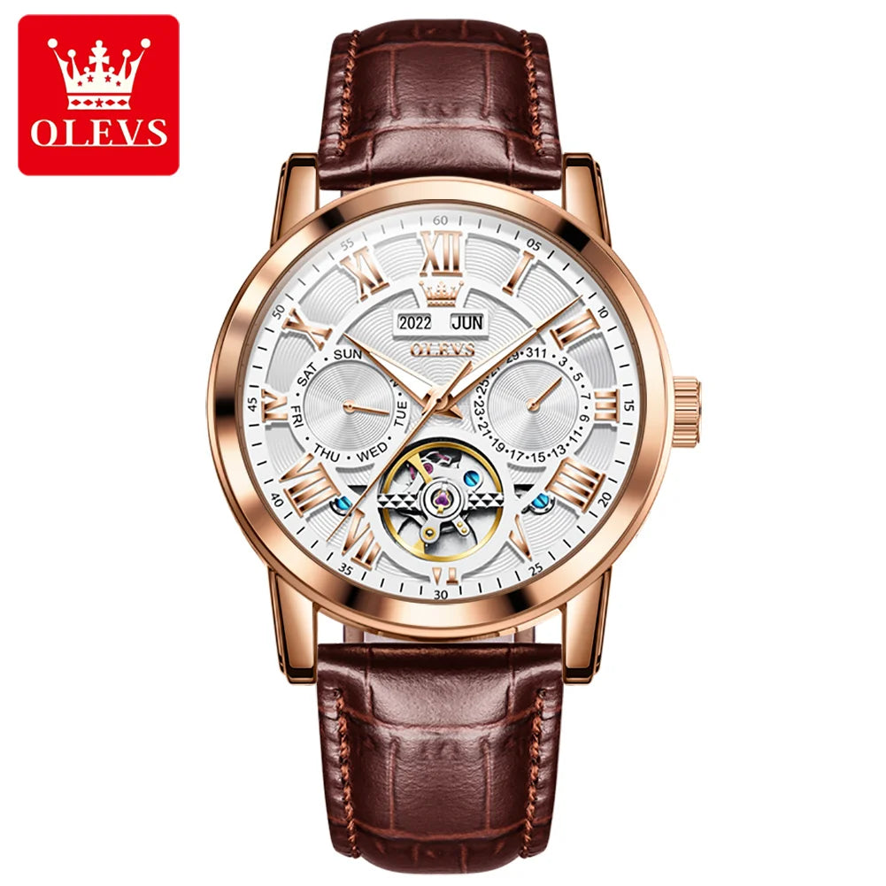 OLEVS 6668 Men Watch Leather Strap Luxury Quality Wristwatches Luminous Tourbillon Calendar Wristwatch