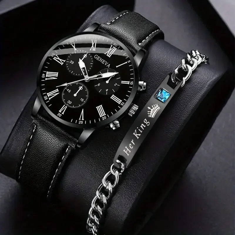 6258  2 Pcs / Set Black Mens Quartz Watch With Bracelet Fashion Men Watch Set Gift