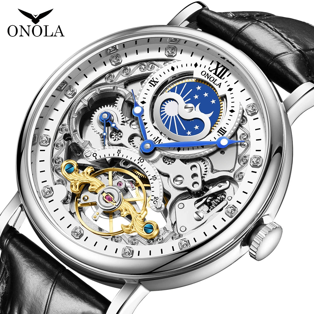 ONOLA Brand 6836  Hot Fashion Gold Silver Skeleton Mechanical Automatic Movemet Luxury Oem Odm Tourbillon Men Watch