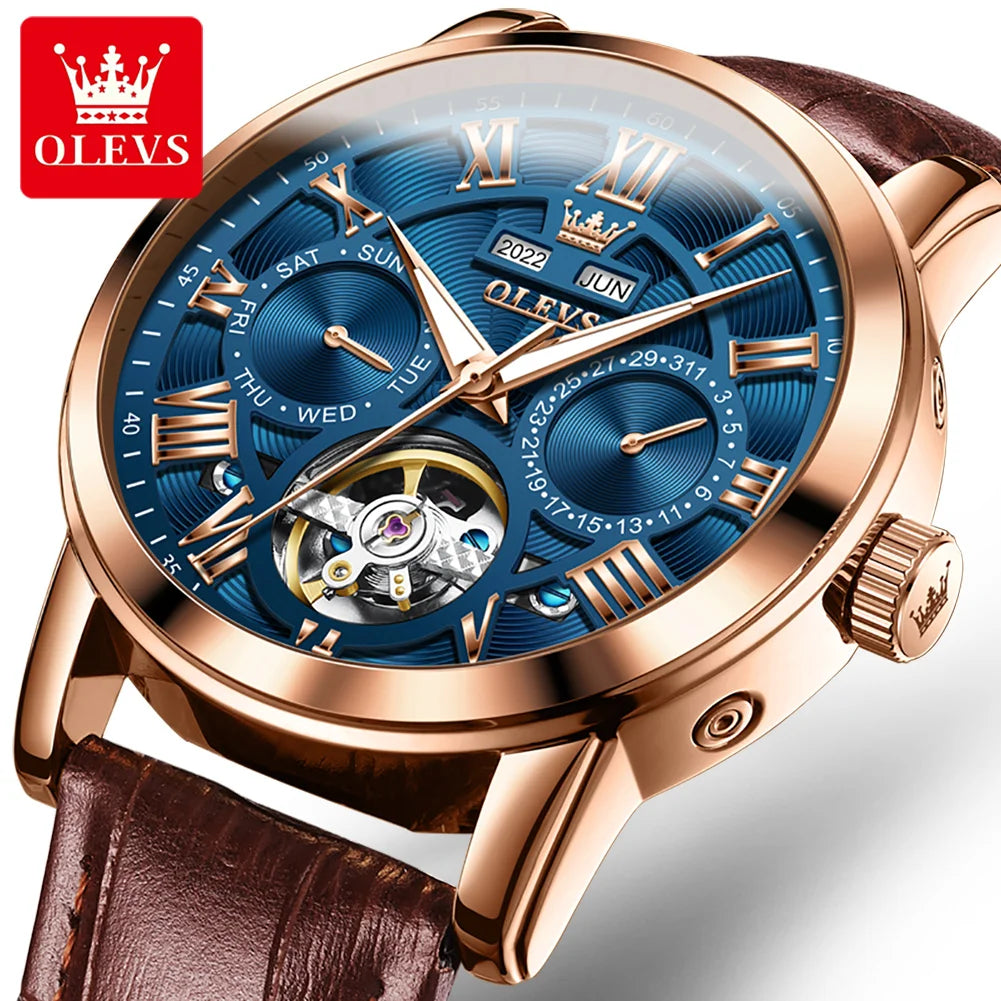 OLEVS 6668 Tourbillon Watch - Leather Strap Luminous Calendar Mechanical
