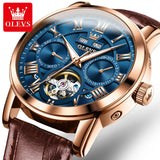 OLEVS 6668 Men Watch Leather Strap Luxury Quality Wristwatches Luminous Tourbillon Calendar Wristwatch